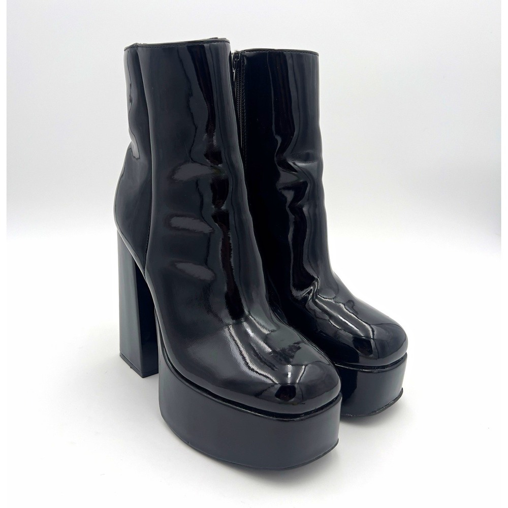 Women's Black Patent Platform Ankle Boots Round Toe Zip Closure Size 8